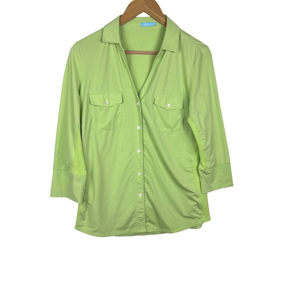 J. McLaughlin Tops - J. McLaughlin Womens ¾ Sleeve Button Down Shirt Top Sz L Green Preppy Spring